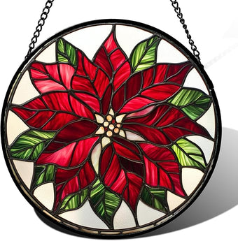 Stained Glass Window Hanging - Red Poinsettia Birth Flower Suncatcher for Door Garden Yard Sun Catchers Decor Christmas Mother's Day Birthday Gifts for Women Mom Nana Friend Men 6.3 in