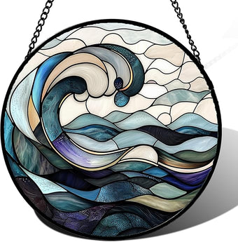 DASTOLL Stained Glass Window Hanging, Ocean Waves Sun Catchers Diamond Glass Panel Hangings Abstract Suncatcher Decor for Birthday for Women, Men, Wife, Aunt, and Mom 14.9x14.9 in