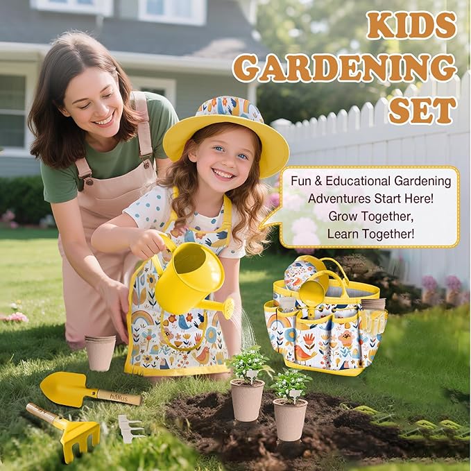 Kids Gardening Tool Set 18PCS Kids Toddler Gardening Set Includes Tote Bag Watering Can Apron Hat Rake Shovel Spoon Gloves Plant Pots and Labels, Outdoor Toys Gift for Boys Girls (Yellow)