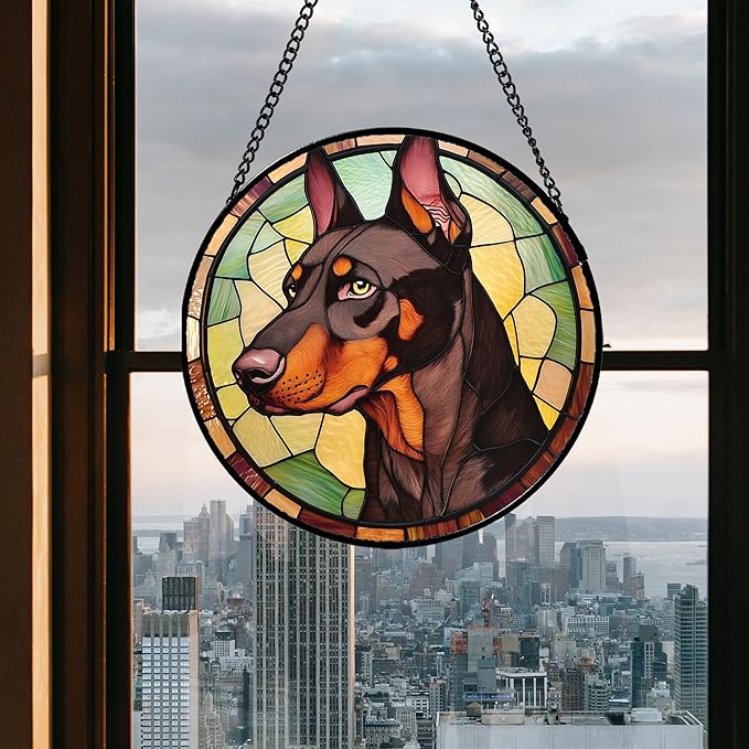 Stained Glass Window Hanging - Funny Dark Brown Doberman Pinscher Suncatcher for Door Terrace Garden Home Decor, Pet Dog Sun Catcher Birthday Gifts for Lovers Women Men Dad Mom Nana 9.8 in