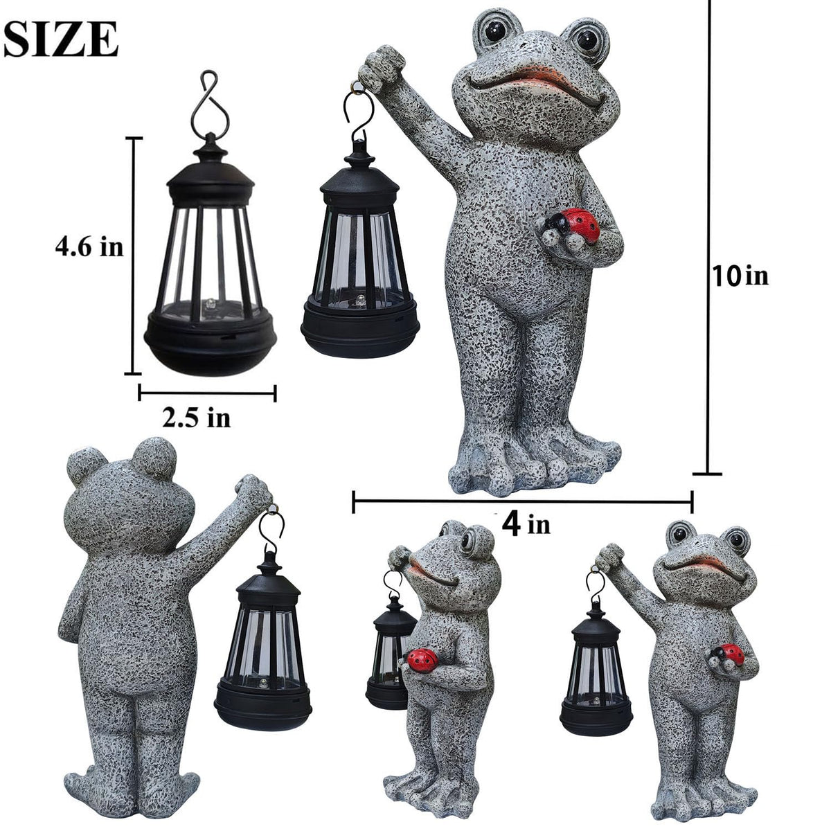 Yewanye Solar Frog Garden Statue, Resin Figurine with Ladybug & Hanging Solar Lantern Outdoor Decor