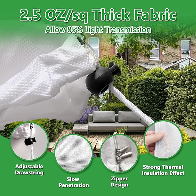 48x72in Plant Covers Freeze Protection Frost Blanket, 2.5oz/yd² Reusable Frost Cloth with Drawstring, Winter Plants Jacket Warm Shrubs Cover Protection for Outdoor Garden Plants & Vegetables, 2 Packs
