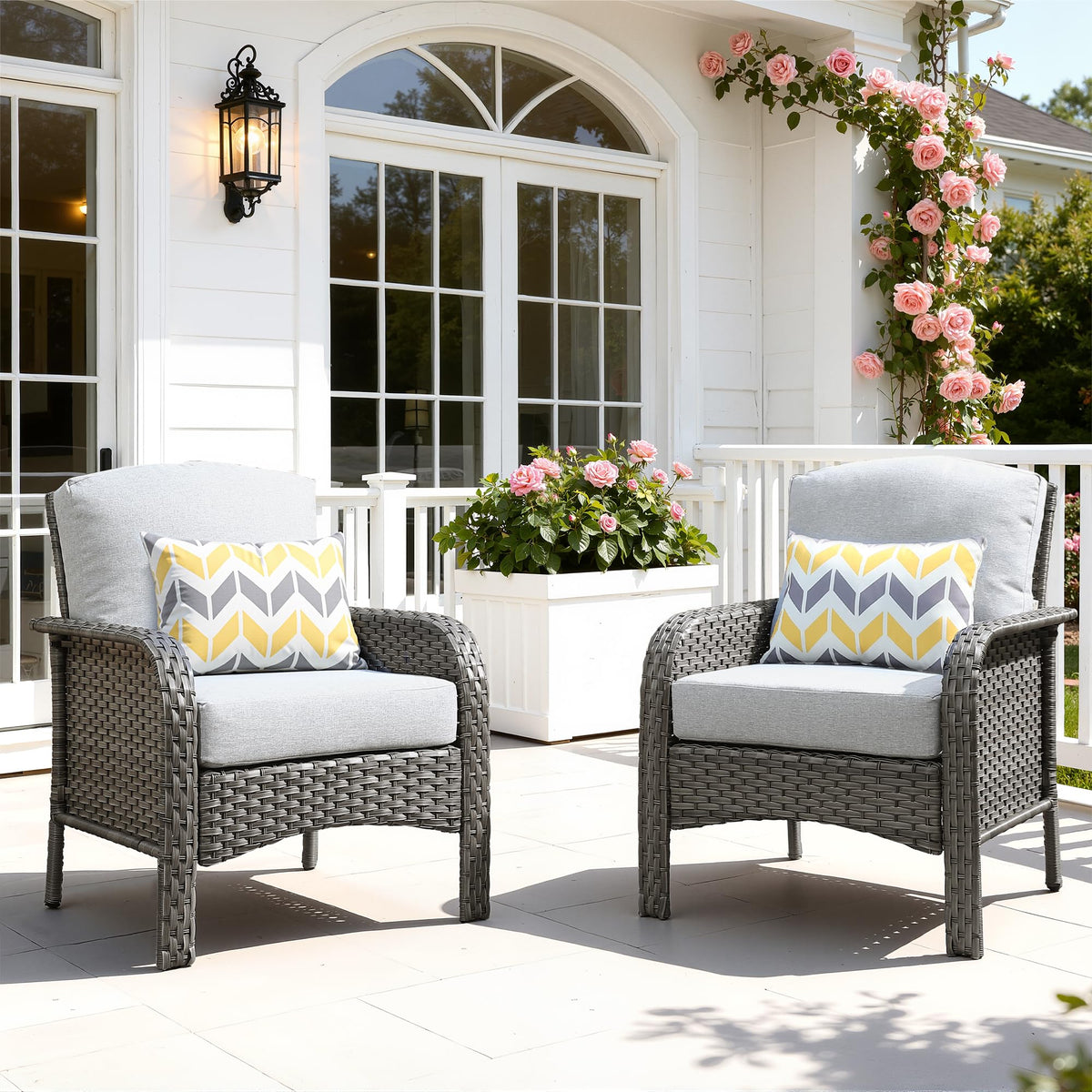 ORMONO 2 Pieces Patio Furniture Set, Two Single Chair Outdoor Furniture, All-Weather Rattan Wicker High Back Conversation Set of 2 for Small Space Porch, Backyard, Balcony, Grey