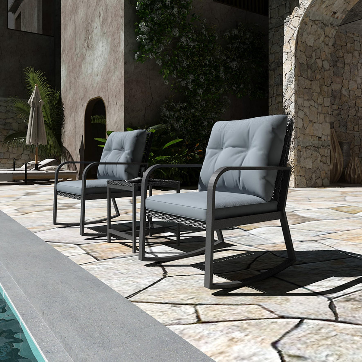 Temminkii Bistro 3 Piece Patio Furniture Set, Patio Table and Rattan Outdoor Rocking Chairs Set of 2, Outdoor Bistro Conversation Set for Garden, Balcony, Poolside, Backyard, Grey