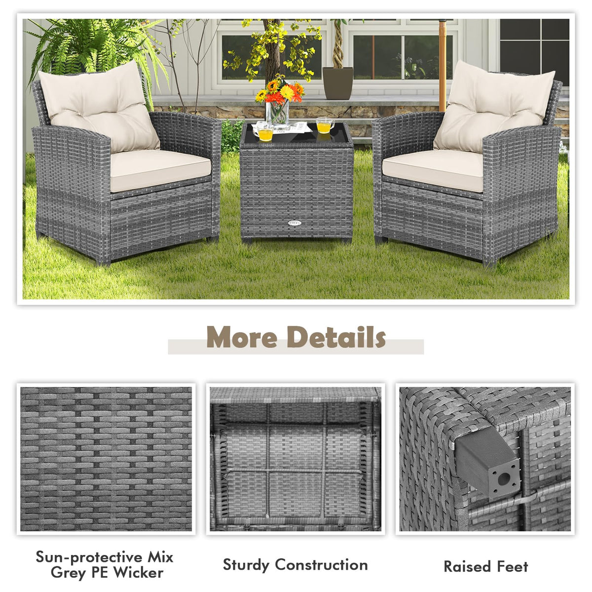 Tangkula 3 Pieces Patio Furniture Set, PE Rattan Wicker 3 Pcs Outdoor Sofa Set w/Washable Cushion and Tempered Glass Tabletop, Conversation Furniture for Garden Poolside Balcony (Mix Grey-White)