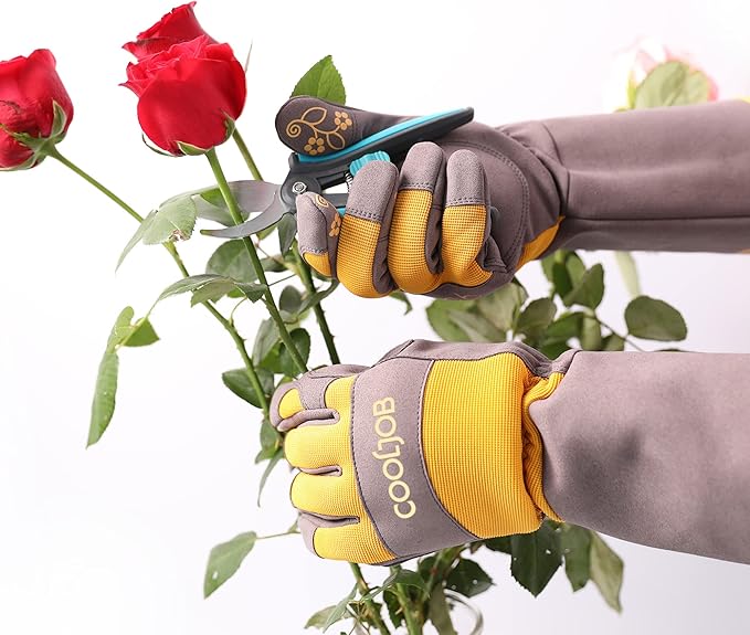 COOLJOB Thorn Proof Rose Pruning Garden Gloves for Women, Long Sleeve Padded Yard Work for Bush, Blackberry, Cactus, Heavy Duty/Puncture Resistant/Machine Washable, Medium, Yellow