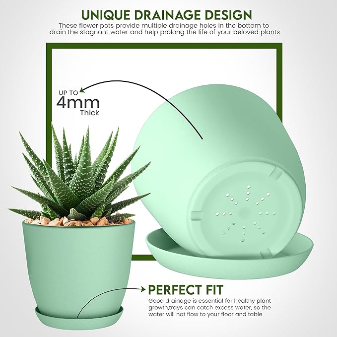 Utopia Home - Plant Pots Indoor with Drainage - 7/6.6/6/5.3/4.8 Inches Home Decor Flower Pots - Plastic Planters for Indoor Plants, Cactus, Succulents Pot (Mint, Pack of 10)