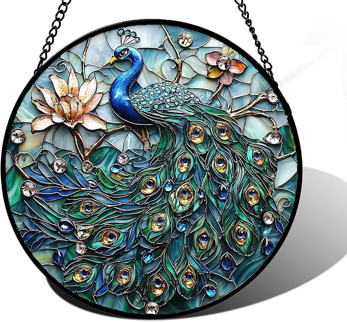 Stained Glass Window Hanging, Blue Peacock Decoration Suncatcher for Door Garden Home Flower Bird Sun Catchers Christmas Mother's Day Birthday Gifts for Women Men Mom Nana Friend 11.8 in