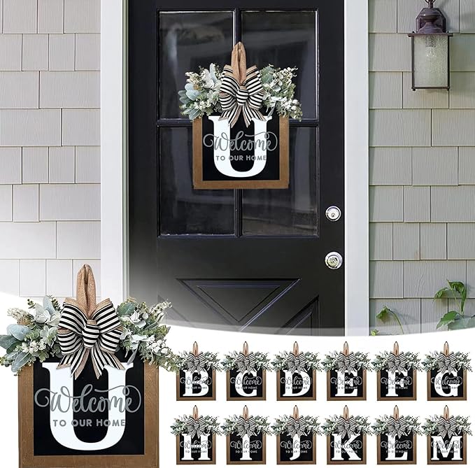 Last Name All Year Wreath, for Front Doors, Spring, Fall, 26 Last Name Letters All Year Round Wreaths, Suitable for Wedding Decorations, Home Porches, Farmhouses, Yards, Garden Decorations, Gifts (U)