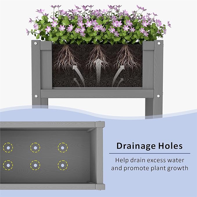 Raised Garden Bed with Drainage Hole Waterproof HDPE Elevated Planter Box with Legs Stable and Durable to Plant Herb Vegetable Flower,Patio,Balcony Outdoors/Indoors Gray