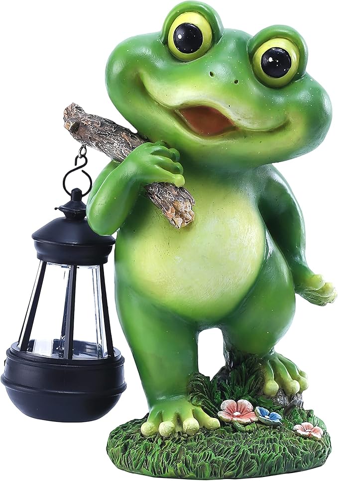 Outdoor Frog Garden Decor: 11'' Yard Decoration with LED Lantern Funny Solar Frog Statue Gifts for Women Mother's Day Housewarming Gift