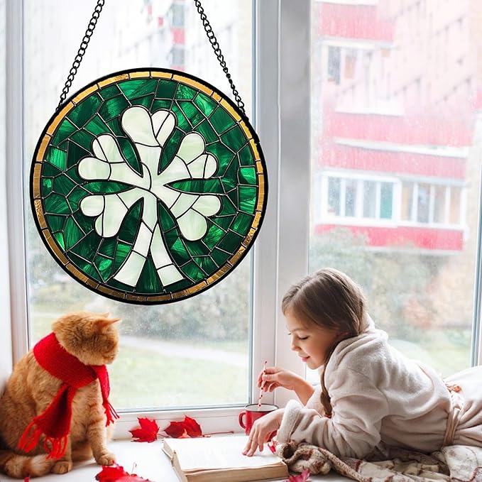 QZQCBLC Stained Glass Window Hanging Green Clover 9.8" - Suncatcher Door Garden Sun Catcher Home Ireland Decor Birthday Mother's Day St Patrick's Day Gifts for Mom Men Woman Wife Friend