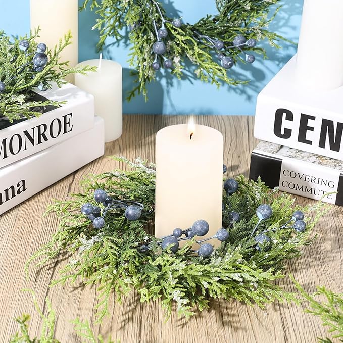 4 PCS Small Winter Blue Berry Cabinet Wreath Artificial Mini Kitchen Wreaths Vintage Swags Wreath with Retro Burlap Ribbon for Farmhouse Rustic Home Front Door Window Pillar Wedding Chair Wall