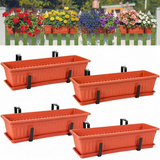 Teecyhooo 4 Pack Railing Planter Box with 8 Pcs Adjustable Metal Brackets 23 Inch Balcony Planter Railing Hanging for Outdoor Window Fence Large Hanging Flower Baskets with Drainage Trays for Porch