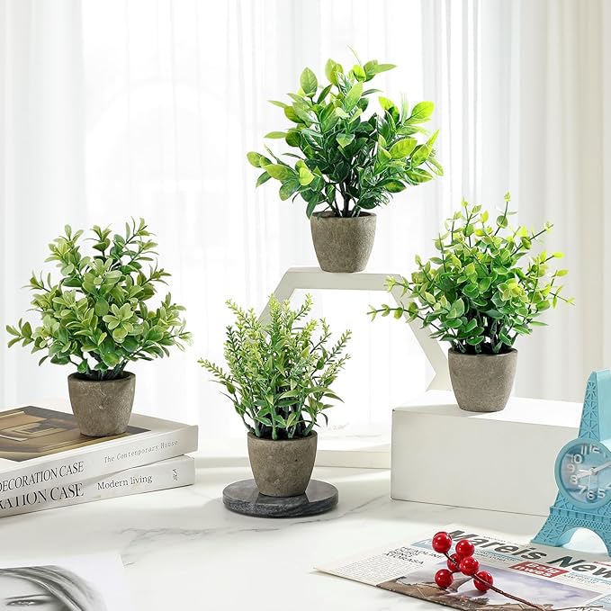 FAVOWREATH 4 Pack Fake Plants Ceramic Mini Artificial Greenery Potted Plants for Home Decor Office Decor Room Decor Farmhouse Decor Indoor Table Bathroom Decor