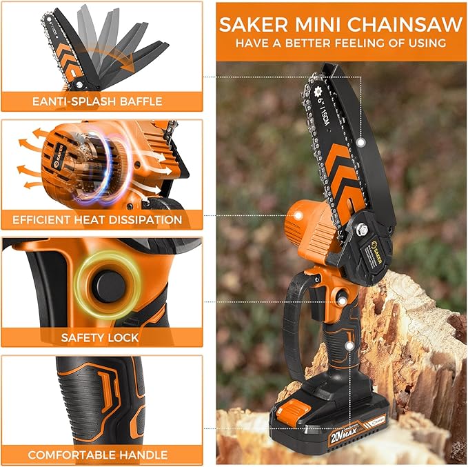 Saker Mini Chainsaw,6 Inch Portable Electric Chainsaw Cordless, Small Handheld Chain saw for Tree Branches,Courtyard, Household and Garden(SK1806D-O)