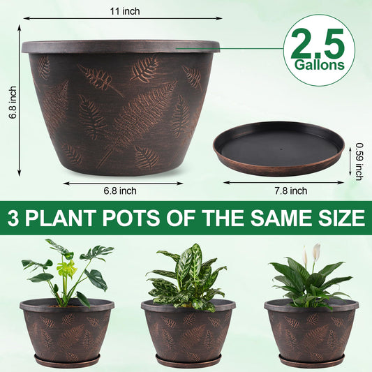 Svxtoby 11 inch Plant Pot, 3 Pack Vintage Rolled Rim Large Pots for Plants