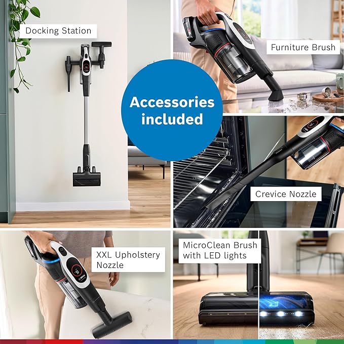 Bosch Unlimited 9 Cordless Stick Vacuum, Up to 60-min Runtime, MicroClean Technology, >99.9% Dust Pickup, Dust Compression, HEPA Filter, Pet Hair, Carpets & Hard Floors, 3 Accessories, White