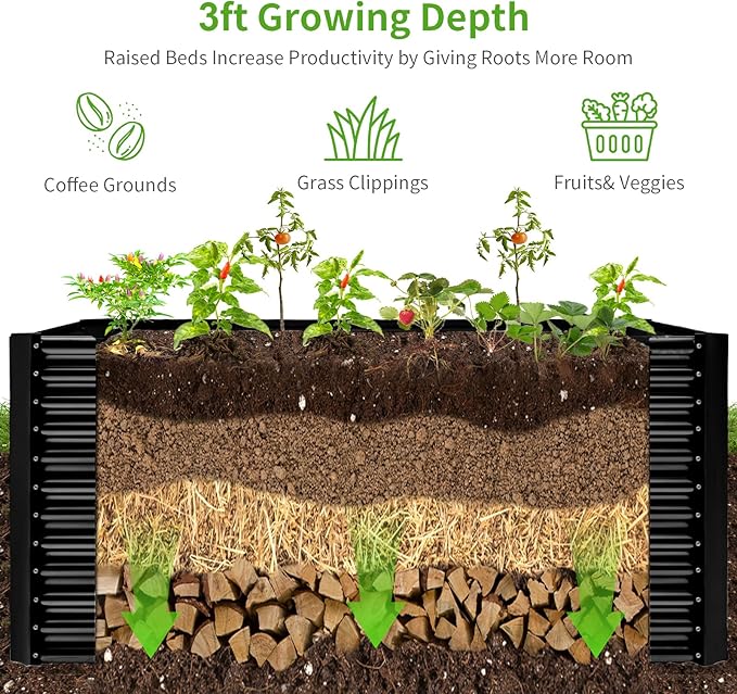 Land Guard 6x3x3ft Rectangular Galvanized Raised Garden Beds, Large-Capacity Metal Planter Box Outdoor, Durable Deep Raised Garden Bed 3ft Tall, Raised Beds for Gardening Vegetables, Dark Grey