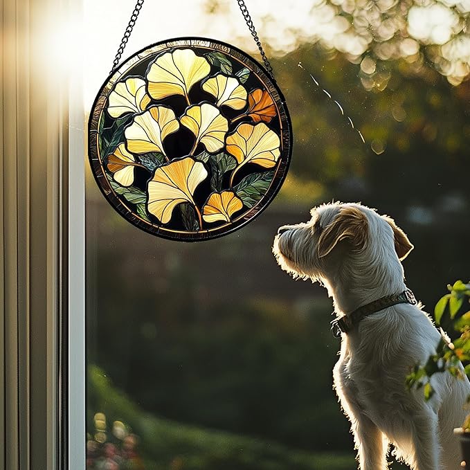 Stained Glass Window Hanging - Ginkgo Leaf Suncatcher for Doors Garden Patio Retro Fall Decor Sun Catchers Christmas Mother's Day Birthday Gifts for Women Men Mom Nana Friend 6.3 in