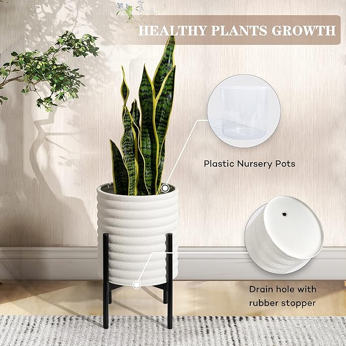 Oakrain Plants Pots with Stand, Set of 2 Indoor Planter Pots, Mid-Century Decorative Metal Flower Pots with Drainage for Living Room, Office, Garden, Balcony, 8"&10", White