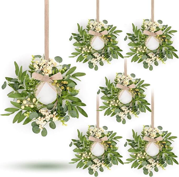 6 Pcs Green Eucalyptus Swag Wreaths for Pillars Spring Summer Kitchen Cabinet Wreaths Mini Green Berry Leaves Wreath with Ribbon for Front Door Porch Wall Window Farmhouse Decoration