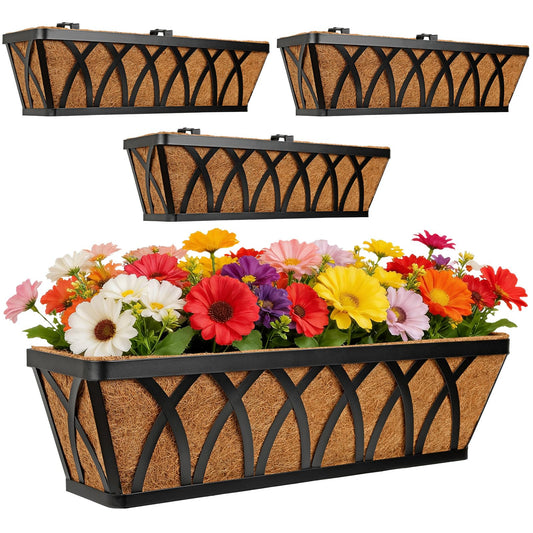 Nature Crafted 24 Inch Window Box Planter with Coco Liner for Hanging Outdoor Plants, 4 Pack Railing Planter Boxes with Adjustable Brackets for Balcony Deck Porch & Patio Garden Decor, Black
