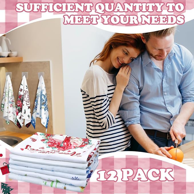 FuWeave 12 Pcs Seasonal Kitchen Towels Set for All Holidays Hand Dish Tea Towels Gift Bulk Valentine's Day Absorbent Dishcloths Housewarming Gift for Cooking Kitchen Bathroom(Flower Style)