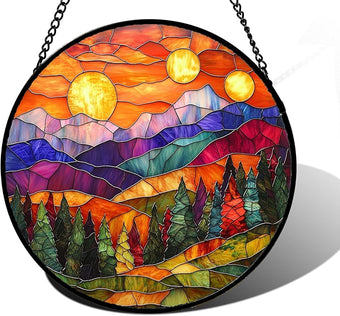 DASTOLL Stained Glass Window Hanging, Sunset Abstract Sun Catchers Colorful Glass Panel Landscape Suncatcher Decor for Birthday for Women, Men, Wife, Aunt, and Mom 6.3 in