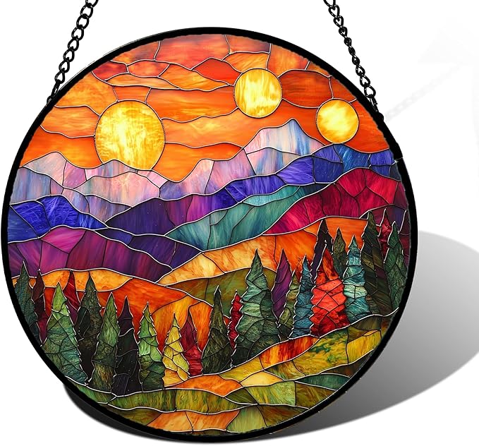 DASTOLL Stained Glass Window Hanging, Sunset Abstract Sun Catchers Colorful Glass Panel Landscape Suncatcher Decor for Birthday for Women, Men, Wife, Aunt, and Mom 9.8 in