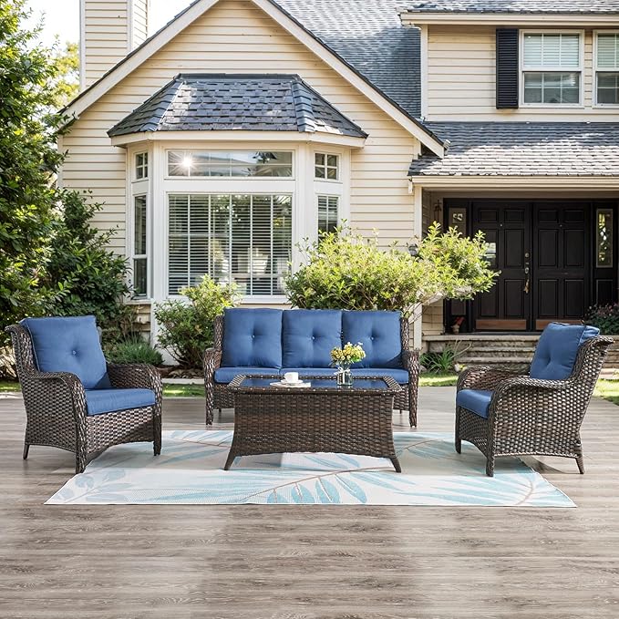 Belord Wicker Furniture 4 Pieces Outdoor Patio Furniture Set Patio Chairs with Ottomans Conversation Set for Porch Garden Deck Balcony Poolside