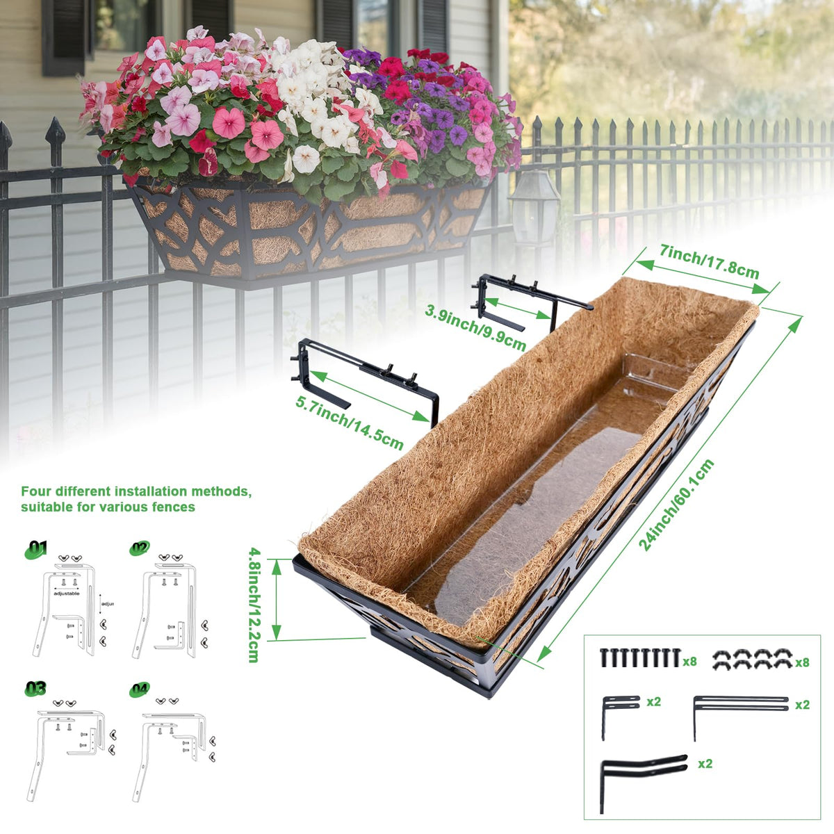 hehimhis 24 Inch 2 Pack Railing Planter Box with Adjustable Bracket,Window Planter Boxes Outdoor for Porch,Balcony Planters Railing Hanging,Fence,Patio Hanging Planters for Garden