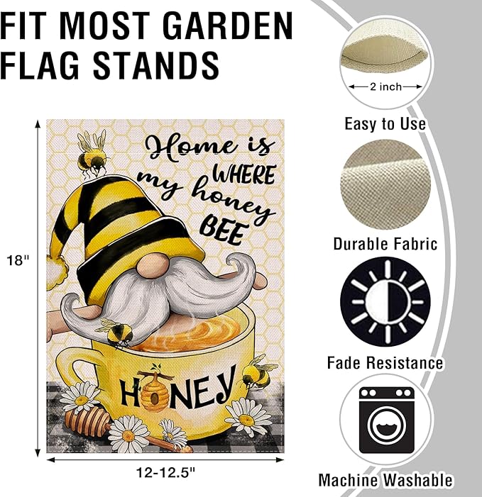 Artofy Home is Where My Honey Bumble Bee Gnome Decorative Garden Flag, House Yard Spring Summer Outside Decor, Outdoor Small Burlap Decoration 12x18