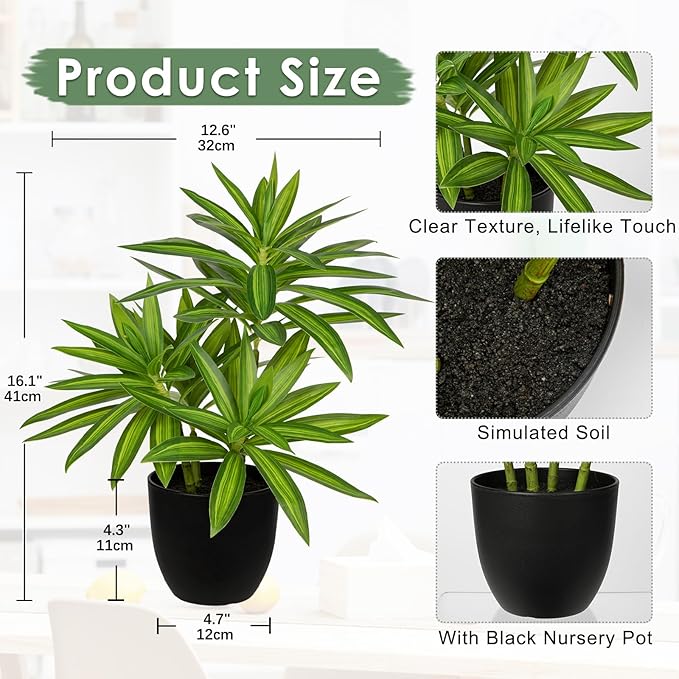 Faux Plants Dracaena Artificial Plant Realistic Green 16.1" Fake Plants in Pot Small Indoor Plants Fake Potted Plants Artificial Decor for Home Living Room Bathroom Office House Table Desk Shelf