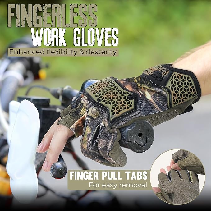 HANDLANDY Fingerless Framer Work Gloves for Men, Utility Grip Paded Gloves for Tactical Shooting Airsoft Hunting Driving (Camo- 3 Fingerless, X-Large (Pack of 1))
