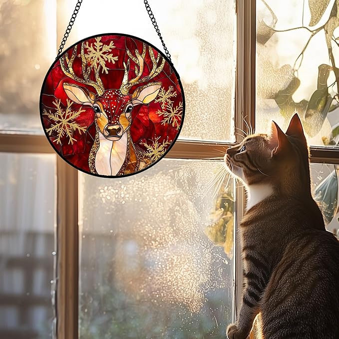 Stained Glass Window Hanging 4 Pcs Set Red Golden Snowflakes 9.8" - Christmas Elk Rabbit Suncatcher Door Garden Sun Catcher Decor Birthday for Mom Woman Nana Men