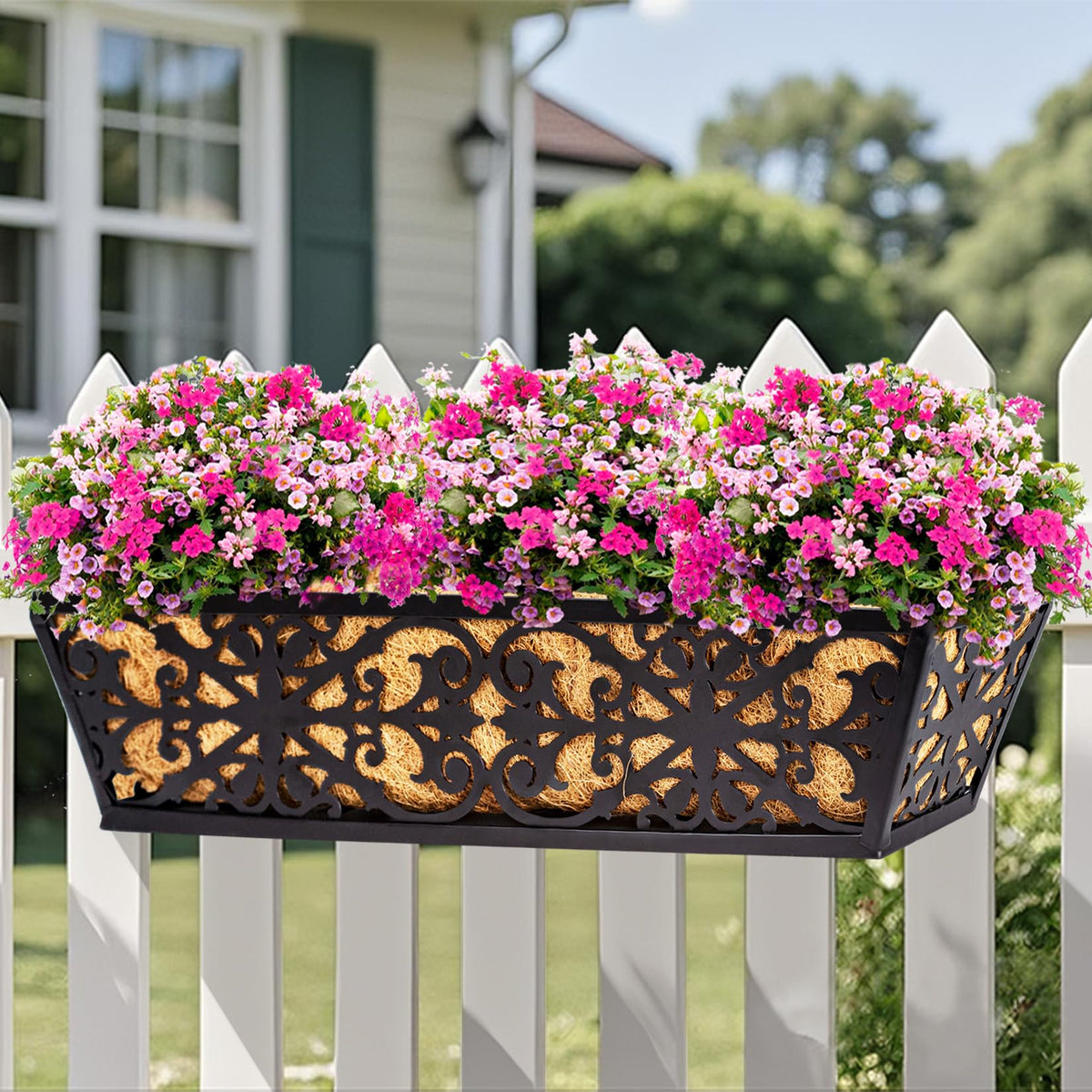 Karlliu 4 Pack 24 Inch Window Boxes Planters Railing Planter Box with Adjustable Brackets & Coco Liners Fabric Plant Grow Bags Deck Railing Planter Boxes Balcony Hanging Flower Box for Outdoor Plants