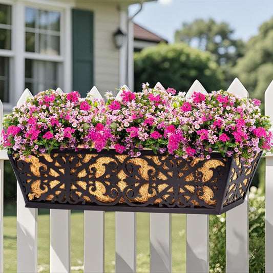 Karlliu 4 Pack 24 Inch Window Boxes Planters Railing Planter Box with Adjustable Brackets & Coco Liners Fabric Plant Grow Bags Deck Railing Planter Boxes Balcony Hanging Flower Box for Outdoor Plants