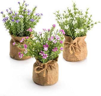 Velener Babys Breath Artificial Flowers in Small Burlap Bag Vases 3Pcs -Gypsophila Faux Flowers Farmhouse Home Coffee Table Bookshelf Office Desk Decorations Kitchen Dining Room Fake Plants Indoor
