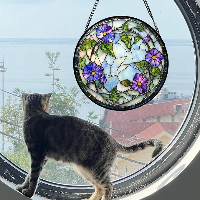 DASTOLL Stained Glass Window Hanging, Purple Morning Glory Flowers Suncatcher for Doors Window Home Plant Sun Catchers Decoration Mother's Day Birthday Gifts for Women, Men, and Mom 7.8x7.8 in