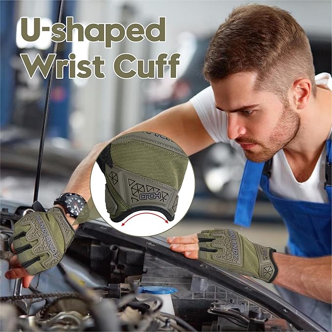 HANDLANDY Tactical Fingerless Impact Gloves for Men, Padded Grip Half Finger Work Gloves, Utility Trucker Driver Gloves (Army Green, Small (Pack of 1))
