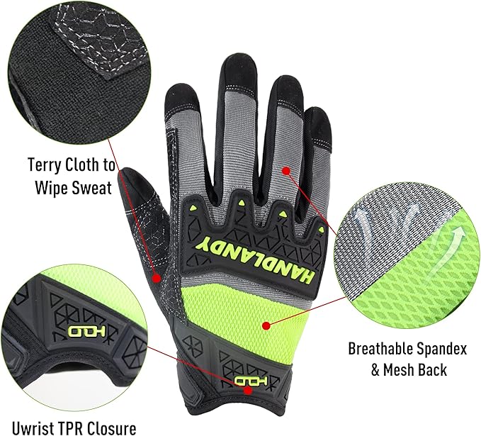 HANDLANDY Mens Work Gloves Touch screen, Utility Mechanic Gloves, Flexible Breathable Fit- Padded Knuckles & Palm