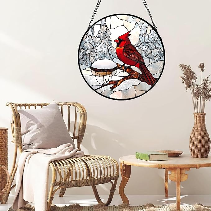 Stained Glass Window Hanging Cardinal Bird Winter Snow Scene Large 11.8" - Suncatcher Door Garden Sunroom Sun Catcher Home Decor Birthday Christmas for Mom Men Woman Nana