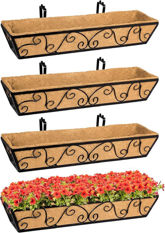 Y&M 30 Inch Window Deck with Coco Liner, Fence Metal Hanging Flower Planter Window Basket Deck Railing Planter Boxes for Outdoor Garden Lawn-Butterfly, 4pcs