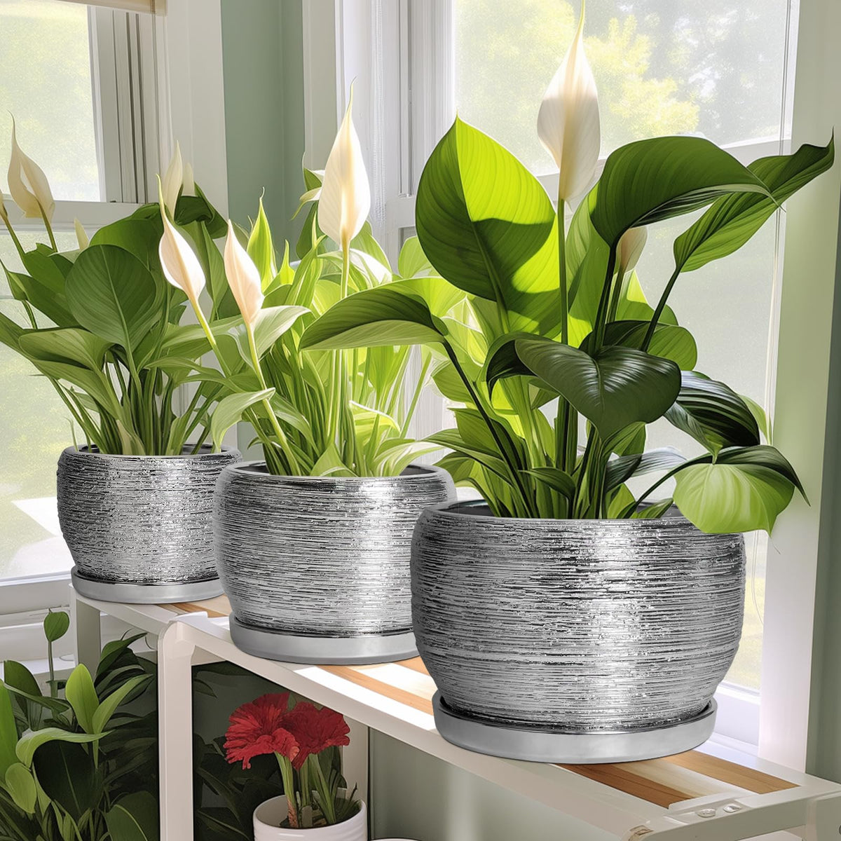 SQOWL Ceramic Plant Pots - 6 Inch Planter for Indoor Outdoor Plants, Modern Round Flower Pots with Drainage Hole and Saucer, Decorative Small Planter, Office Decor, Gifts for Women Men, Silver