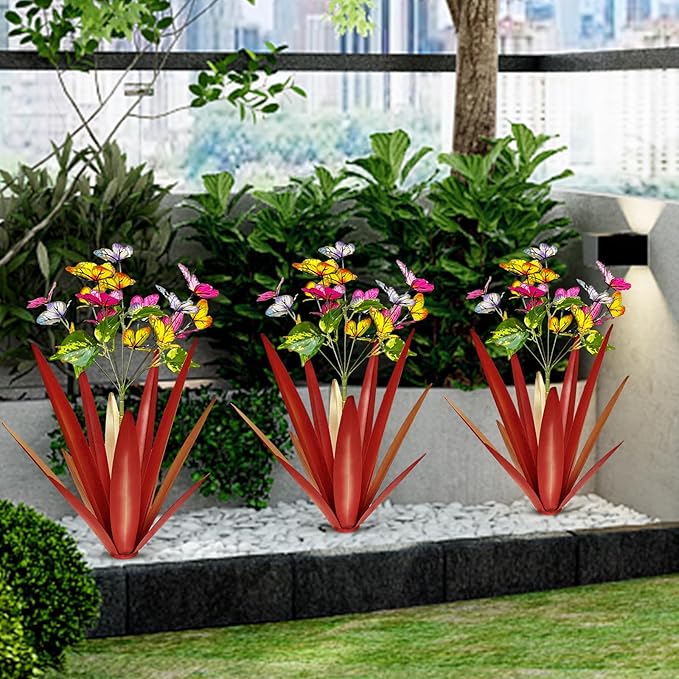 TOMBABY Garden Outdoor Butterfly Enlarge Thickened Wind Resistant Metal Agave Garden Art Metal Plant Country Sculpture Statue Decorations Ornaments Artificial Waterproof Butterflies(red 2pcs)