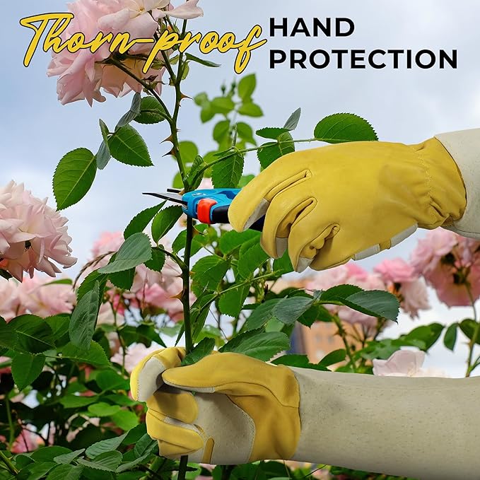 HANDLANDY Rose Pruning Gardening Gloves for Men Women, Thorn Proof Forearm Protection Leather Garden Gloves, Gardening Gifts for Gardeners (Yellow- goatskin, Large (Pack of 1))