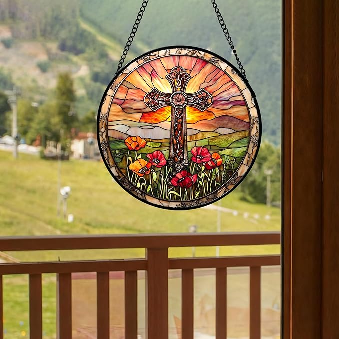 JOSUMALY Christian Gifts for Women - Cross Stained Glass Window Hanging Jesus Easter Poppy Sunset Landscape Sun Catcher Garden Religion Decor Mother's Day Catholic Gift for Men Grandma Mom Her 6.3"