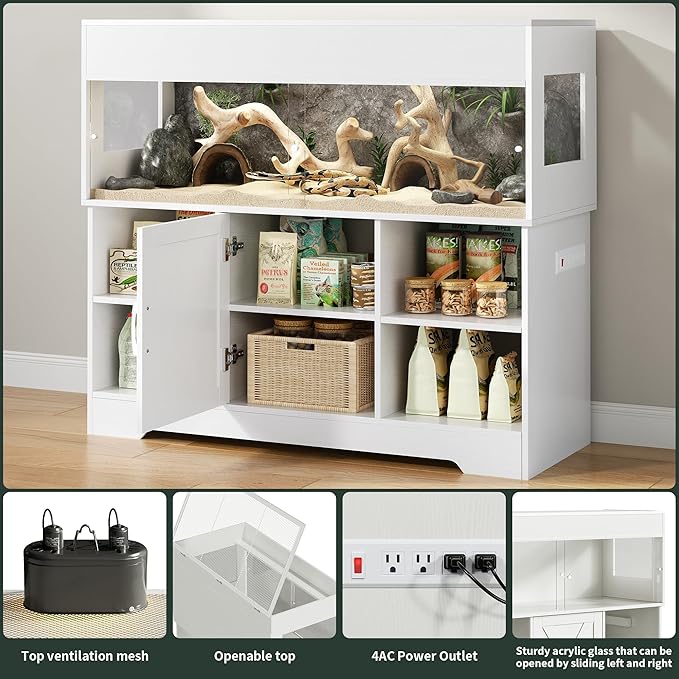 Herture 60 Gallon Reptile Tank with Stand, Terrarium Tank with Storage Cabinet, for Lizards, Skinks, Snakes, Sliding Acrylic Doors, Mesh Top, Built-in Power Outlet White PX02RTW
