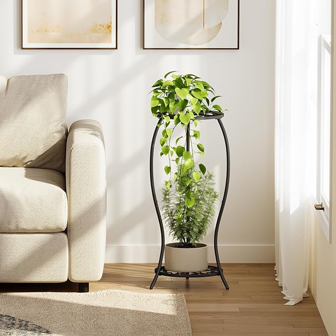 Plant Stand Indoor Outdoor, 2 Tier Metal Potted Holder Stand, Flower Pot Stand, Heavy Duty Plant Supports Rack, Corner Plant Shelf Rustproof for Planter Garden Balcony Patio Living Room (Black, 2 Tier)